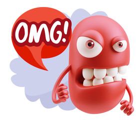 3d Rendering Angry Character Emoji saying OMG with Colorful Spee