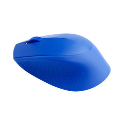 Wireless mouse blue on a white background. Isolated. Angle View.