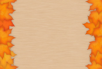 The image autumn maple leaf on wooden surface. The leaves are arranged on the sides right and left