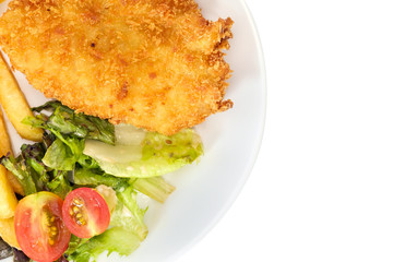 Steak fried fish / Closeup of steak fried fish on white plate. Top view.