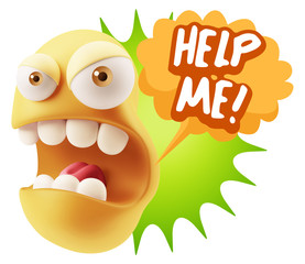 3d Rendering Angry Character Emoji saying Help me with Colorful