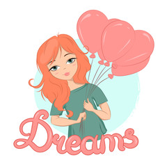 vector illustration of a cute girl with ginger hair holding balloons
