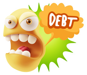 3d Rendering Angry Character Emoji saying Debt with Colorful Spe