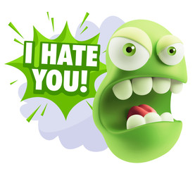 3d Rendering Angry Character Emoji saying I Hate you with Colorf