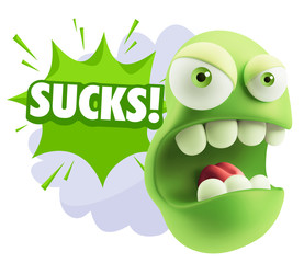 3d Rendering Angry Character Emoji saying Sucks with Colorful Sp