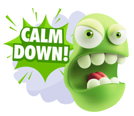 3d Rendering Angry Character Emoji saying Calm Down with Colorfu
