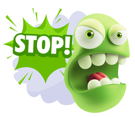 3d Rendering Angry Character Emoji saying Stop with Colorful Spe