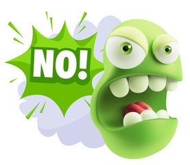 3d Rendering Angry Character Emoji saying No with Colorful Speec