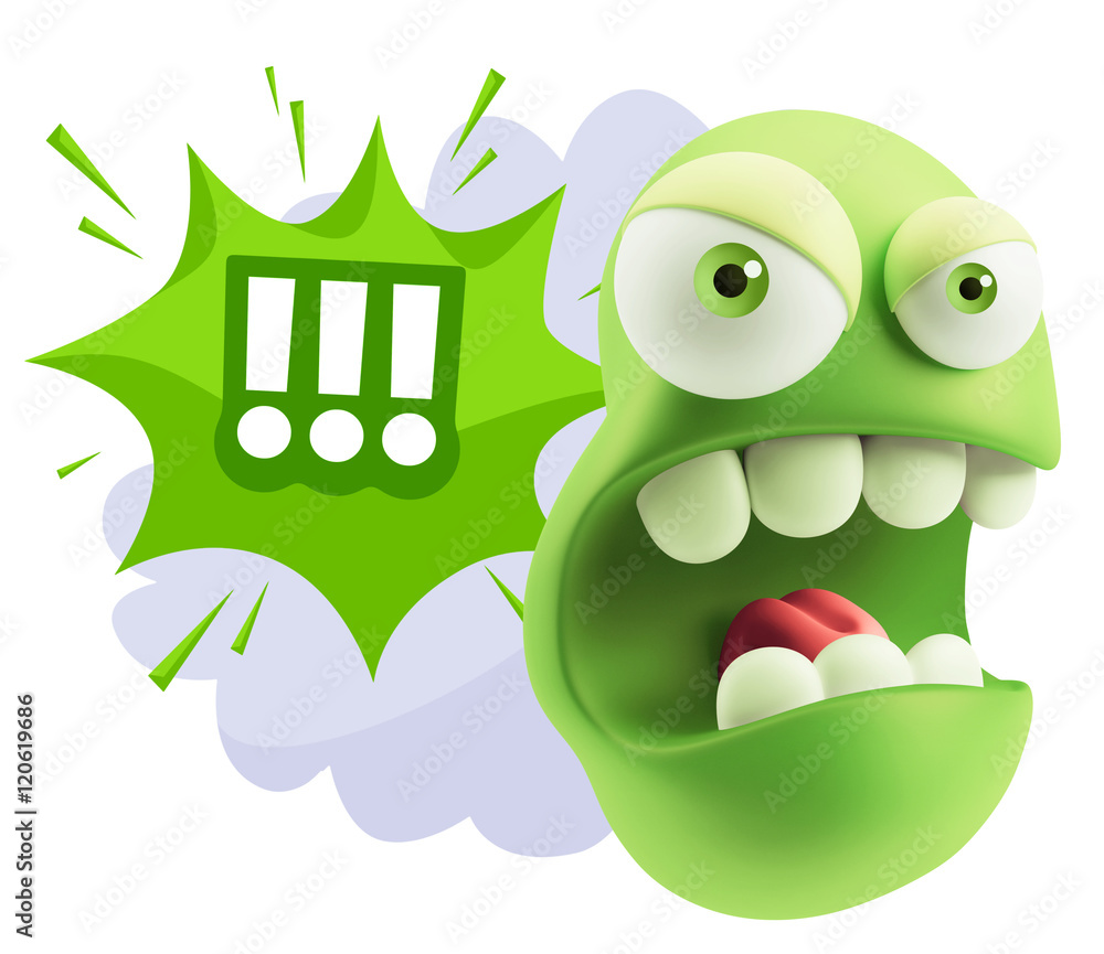 Poster 3d rendering angry character emoji saying !!! with colorful spee