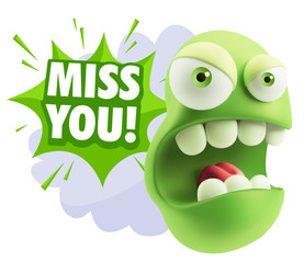 3d Rendering Angry Character Emoji saying Miss You with Colorful