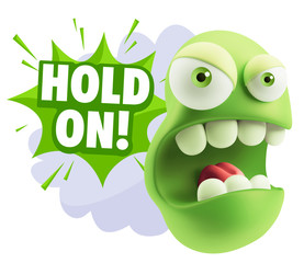 3d Rendering Angry Character Emoji saying Hold On with Colorful