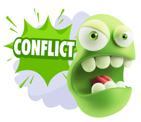 3d Rendering Angry Character Emoji saying Conflict with Colorful