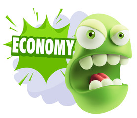 3d Rendering Angry Character Emoji saying Economy with Colorful