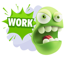 3d Rendering Angry Character Emoji saying Work with Colorful Spe