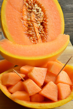 Honeydew melon makes a refreshing treat on a hot summer day, but it's also a low-calorie and healthy choice any time.
cut sweet Melon on wooden background .
