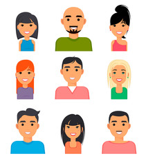 Set of people portrait face icons. Web avatars in flat style. Vector women, men avatars face.