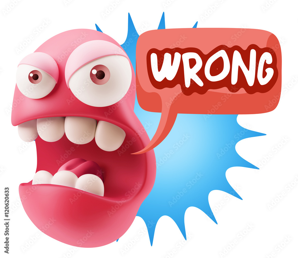 Poster 3d rendering angry character emoji saying wrong with colorful sp
