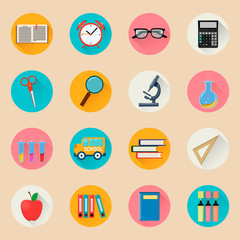 Objects for school. Back to study. Set of round flat icons. Vector Illustrations.