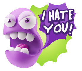 3d Rendering Angry Character Emoji saying I Hate you with Colorf