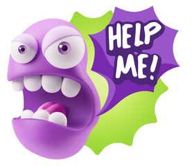 3d Rendering Angry Character Emoji saying Help me with Colorful