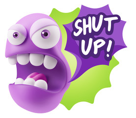 3d Rendering Angry Character Emoji saying Shut Up with Colorful
