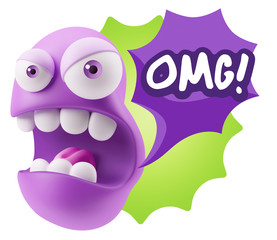 3d Rendering Angry Character Emoji saying OMG with Colorful Spee
