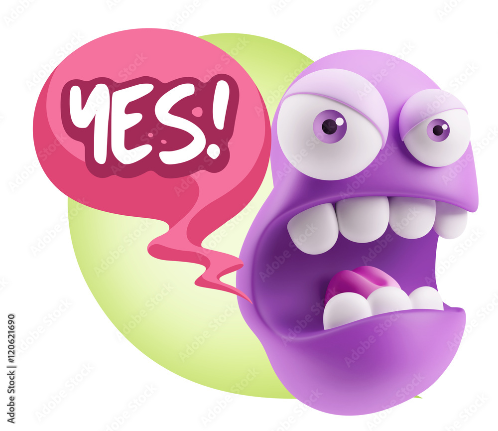 Poster 3d rendering angry character emoji saying yes with colorful spee