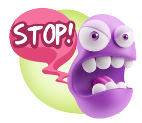 3d Rendering Angry Character Emoji saying Stop with Colorful Spe