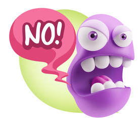 3d Rendering Angry Character Emoji saying No with Colorful Speec