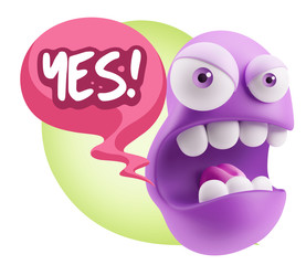 3d Rendering Angry Character Emoji saying Yes with Colorful Spee