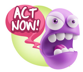 3d Rendering Angry Character Emoji saying Act Now with Colorful