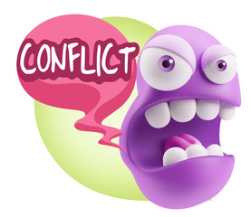 3d Rendering Angry Character Emoji saying Conflict with Colorful