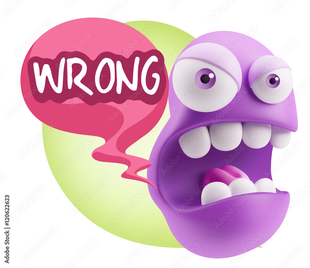 Poster 3d rendering angry character emoji saying wrong with colorful sp