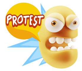 3d Rendering Angry Character Emoji saying Protest with Colorful