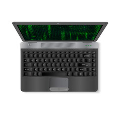realistik laptop with green matrix background on screen.  Isolat