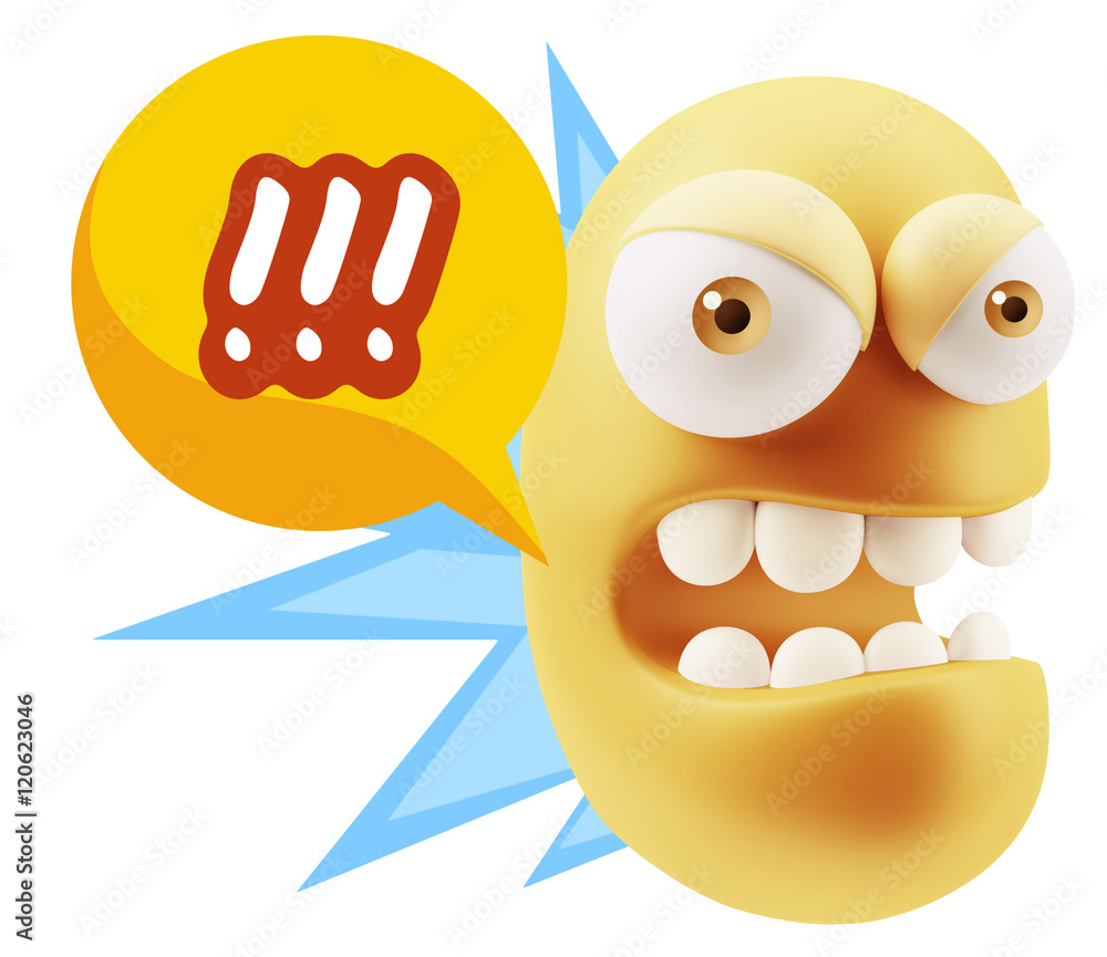 Poster 3d rendering angry character emoji saying !!! with colorful spee