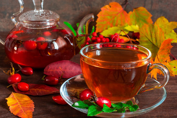 rose hip tea in teapot and transparent cup. vitamin drink