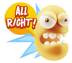 3d Rendering Angry Character Emoji saying All Right with Colorfu