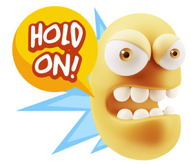 3d Rendering Angry Character Emoji saying Hold On with Colorful