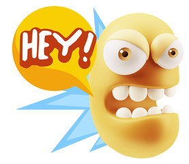 3d Rendering Angry Character Emoji saying Hey with Colorful Spee