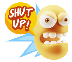 3d Rendering Angry Character Emoji saying Shut Up with Colorful