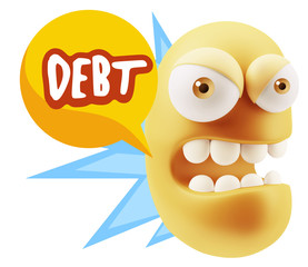 3d Rendering Angry Character Emoji saying Debt with Colorful Spe