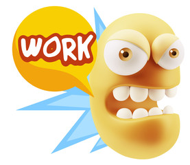 3d Rendering Angry Character Emoji saying Work with Colorful Spe