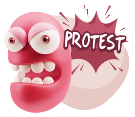 3d Rendering Angry Character Emoji saying Protest with Colorful