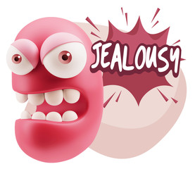 3d Rendering Angry Character Emoji saying Jealousy with Colorful