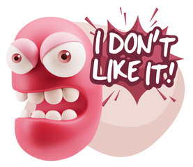 3d Rendering Angry Character Emoji saying I Don`t Like It with C