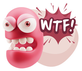 3d Rendering Angry Character Emoji saying WTF with Colorful Spee