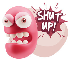 3d Rendering Angry Character Emoji saying Shut Up with Colorful