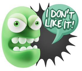 3d Rendering Angry Character Emoji saying I Don`t Like It with C