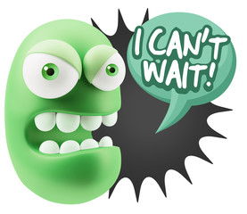 3d Rendering Angry Character Emoji saying I Can't Wait with Colo